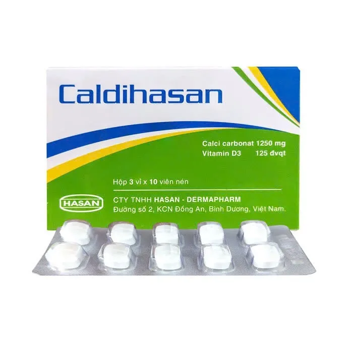 Caldi Hasan (H/30v) – Canxi carbonate 1250 mg + Vitamin D3 125 IU, phòng & điều trị loãng xương